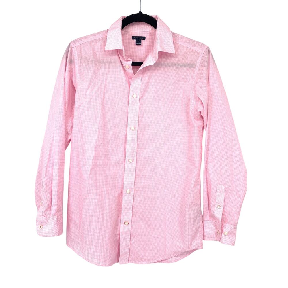 Tommy Hilfiger Long Sleeve Button Front Shirt Boys Sz 16 Pink White Check Print